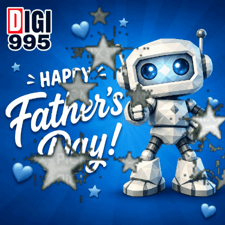 a robot is on a blue background with the words happy father 's day