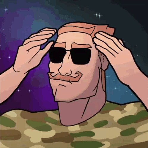 a cartoon of a man with a mustache wearing sunglasses and a camouflage shirt