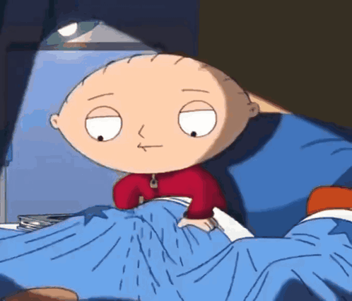 Stewie Griffin lies in bed looking tearful and upset.