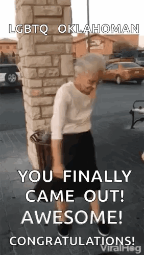 an older woman is dancing in front of a brick wall and says `` you finally came out awesome ! ''