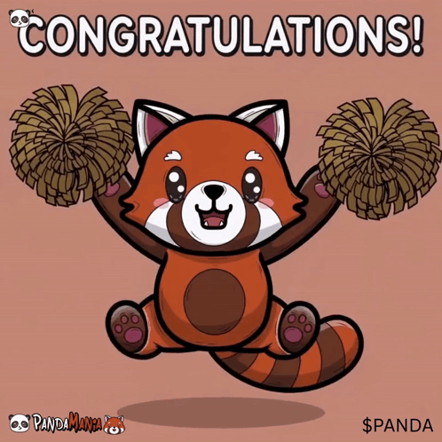 A red panda cartoon holds pom-poms beneath “CONGRATULATIONS!”