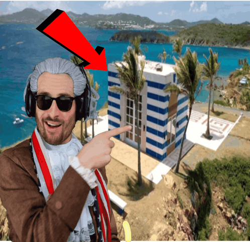 a man wearing a wig and sunglasses points to a building with a red arrow pointing to it