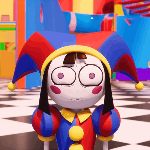 a cartoon character is wearing a colorful jester hat and making a sad face