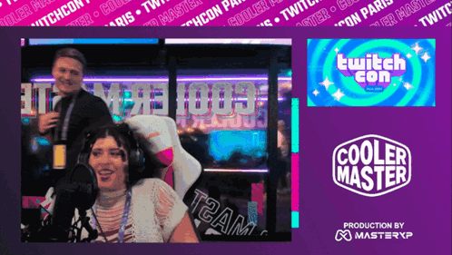 a cooler master logo is on a purple background next to a man and a woman