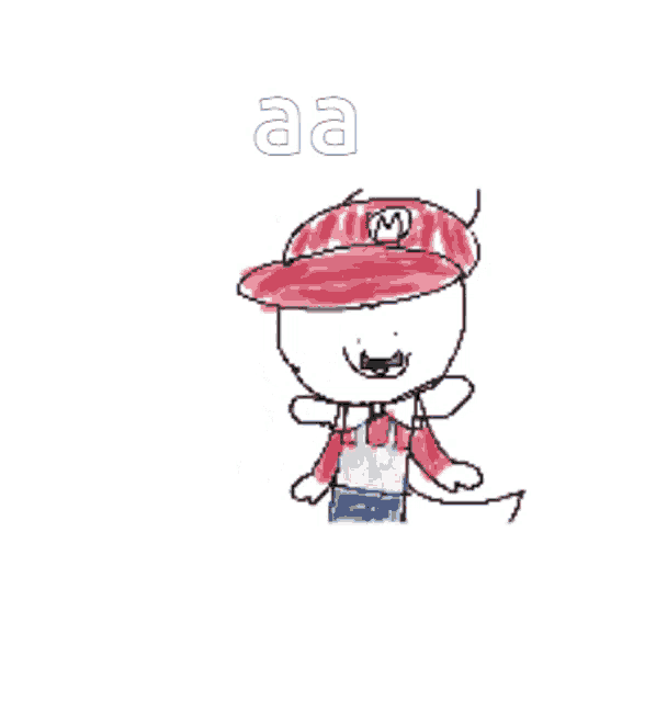 a child 's drawing of mario wearing a red hat and a blue shirt .
