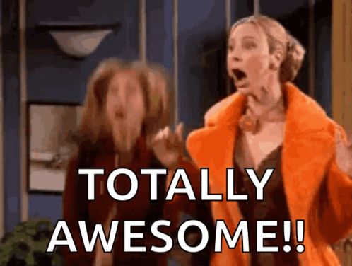 Two women jump and clap in an apartment scene, captioned “TOTALLY AWESOME!!”