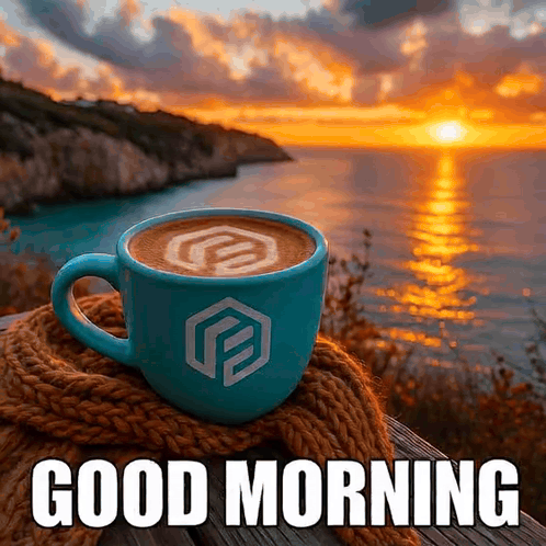 A coffee cup sits before an ocean sunset with “GOOD MORNING.”