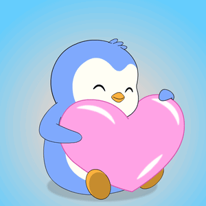 a penguin is holding a pink heart in its arms