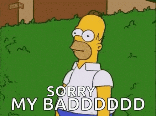 Homer Simpson stands awkwardly with the caption “SORRY MY BADDDDD.”