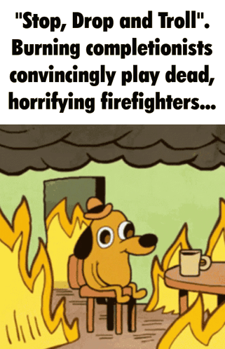 a cartoon of a dog sitting in front of a fire with the words " stop drop and troll " above him