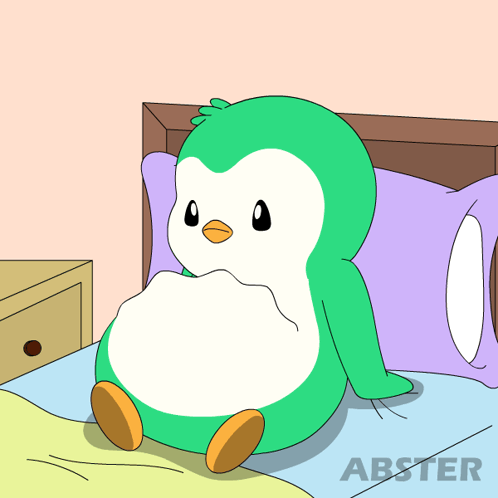 A green-haired pudgy penguin sits in bed looking hungry.