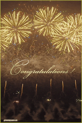 Golden fireworks glow above a cursive Congratulations message.