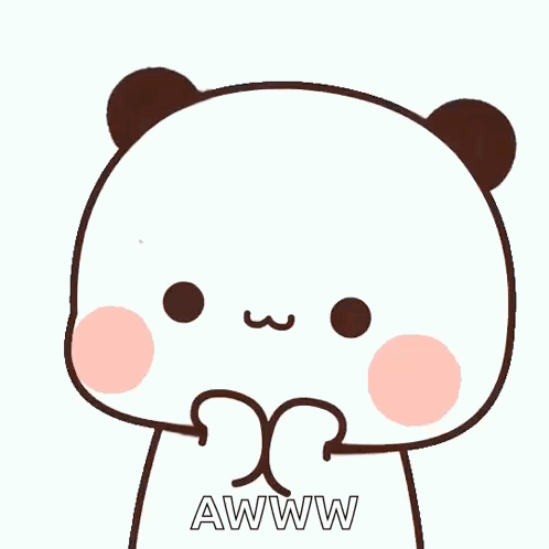 A blushing panda-like cartoon character clasps its paws beneath “AWWWW.”