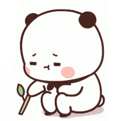 A small panda-like cartoon character holds a flower with a downcast expression.