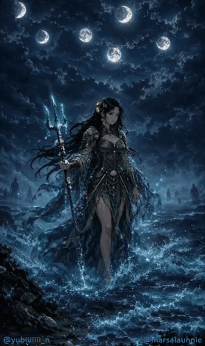 a painting of a woman holding a trident with the name marsdauhnie on the bottom