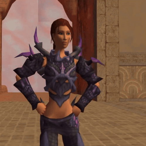 a woman in a video game is wearing a purple armor