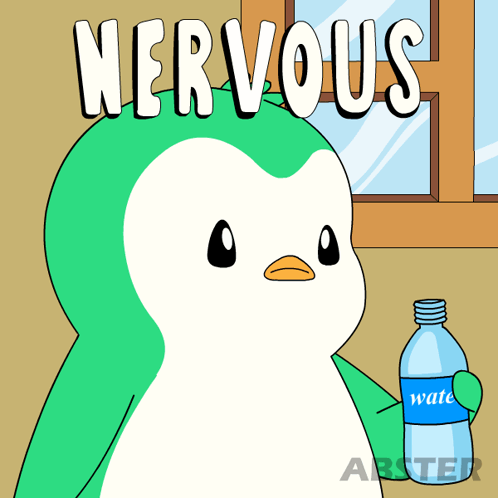 A green cartoon penguin holds a water bottle under the word “NERVOUS.”
