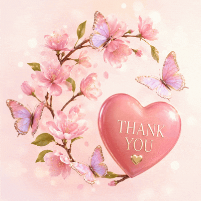 Pink blossoms surround a heart bearing the words “THANK YOU.”