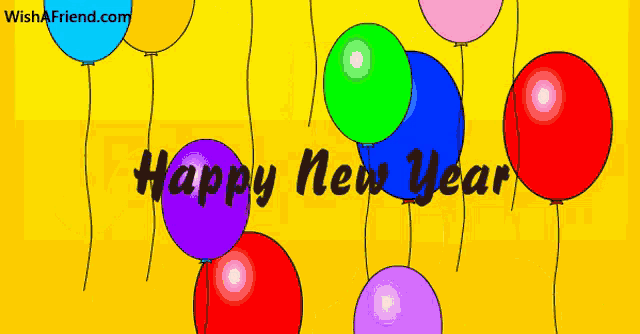 a yellow background with balloons and the words happy new year on it