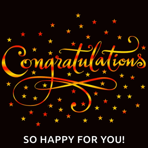 Golden cursive “Congratulations” glows among stars and swirls on black, with “SO HAPPY FOR YOU!”