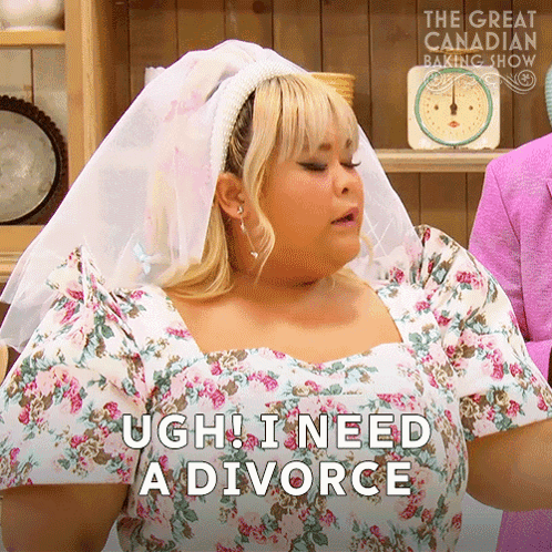 a woman in a floral dress is saying ugh i need a divorce