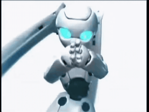 a robot with blue eyes is praying with its hands folded