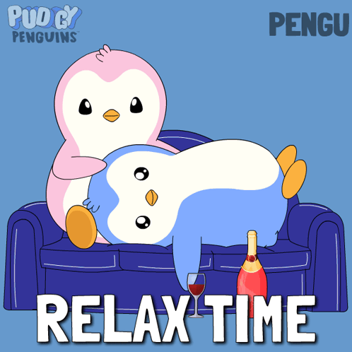 Two Pudgy Penguins cuddle on a couch under “RELAX TIME.”