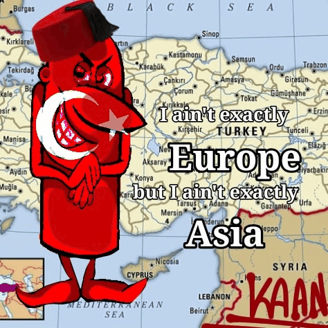 a cartoon character with a crescent moon on his head is standing in front of a map of europe and asia