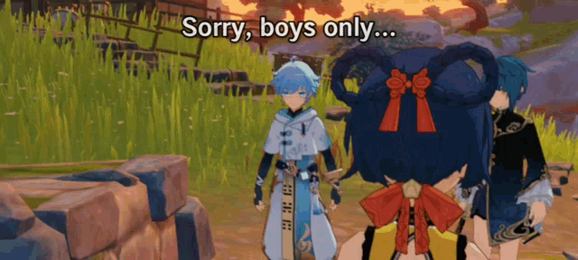 a video game character says sorry boys only while standing in the grass
