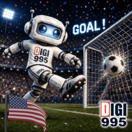 a robot mascot is kicking a soccer ball in front of a sign that says digi 995