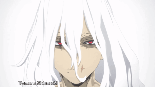 a close up of a person 's face with the name tomura shiozaki written below it