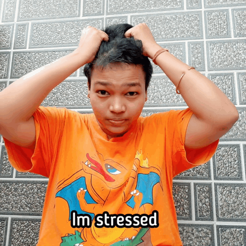 A person in an orange shirt grips their hair above the caption “I’m stressed.”