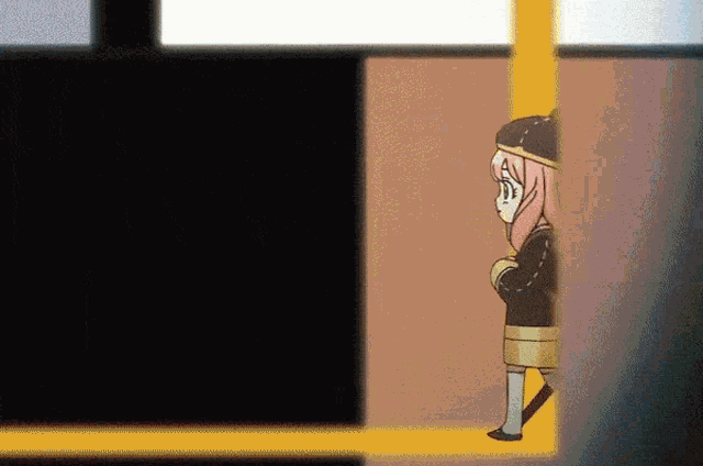 a cartoon girl with pink hair is standing in a doorway