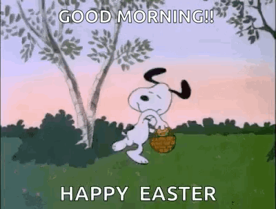 snoopy is holding an easter basket in a field .
