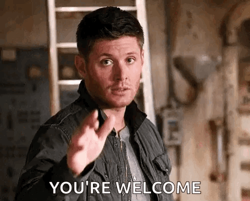 Dean Winchester points toward the viewer with the caption ‘YOU’RE WELCOME’.