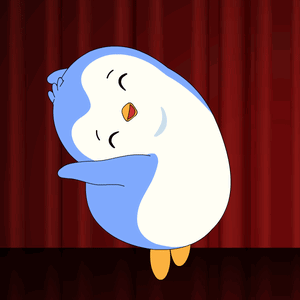 A blue cartoon penguin does a shy happy dance in front of red curtains.