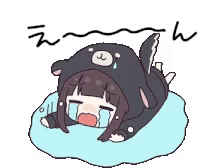A small anime character cries into a blue puddle while wearing a dark animal hoodie.