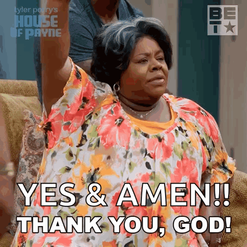 A woman lifts her hands joyfully with “YES & AMEN!! THANK YOU, GOD!”