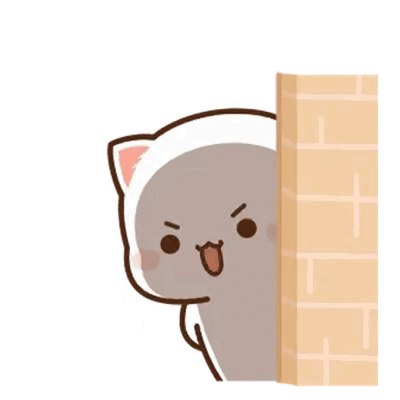 Peach the cartoon cat peeks angrily from behind a brick wall.