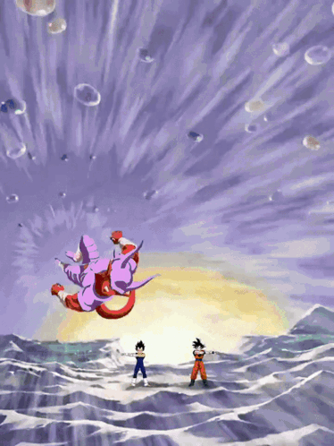 a purple dragon is flying over a body of water with a man standing in the water