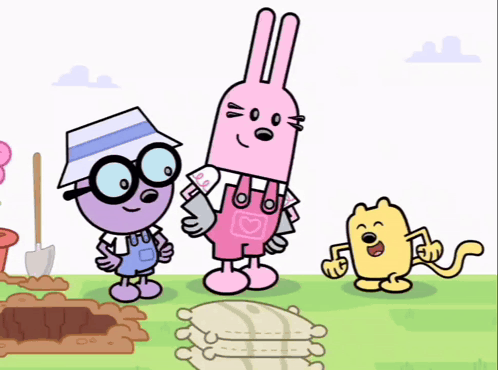 a group of cartoon characters standing next to each other including a cat and a rabbit