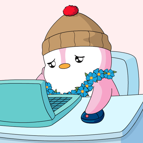 A bundled cartoon penguin sits in bed with knitting and a laptop.