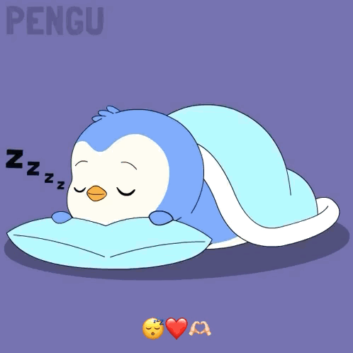 A blue cartoon penguin sleeps on a pillow with Zzz symbols.