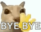 A pixelated cat appears to wave beside large “BYE BYE” lettering.