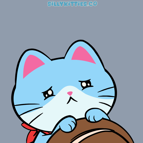 A blue cartoon cat rests its face sadly on a brown surface.