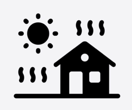 a black and white icon of a house with smoke coming out of it and a sun behind it .