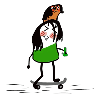 a cartoon character is riding a skateboard and holding a bottle