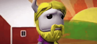 a cartoon character with horns and a beard is standing in front of a red barn .