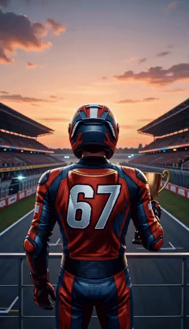a motorcycle racer with the number 67 on his back holds a trophy
