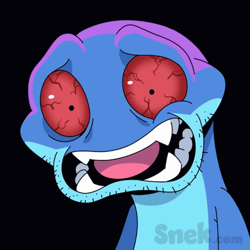 a cartoon of a lizard with red eyes and the website snek.com
